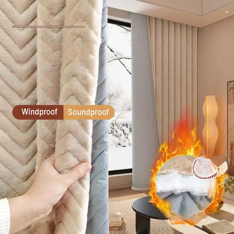 Soundproof Blackout Curtain - Windproof Velvet Fabric Window Drapes for Living Room