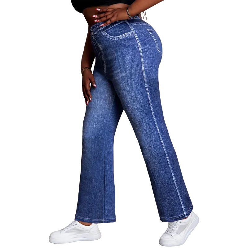 Plus Size Women's Mid-Rise Knit Wide Leg Pants with High Stretch and Stylish Faux Denim Print Comfortable Casual Trousers