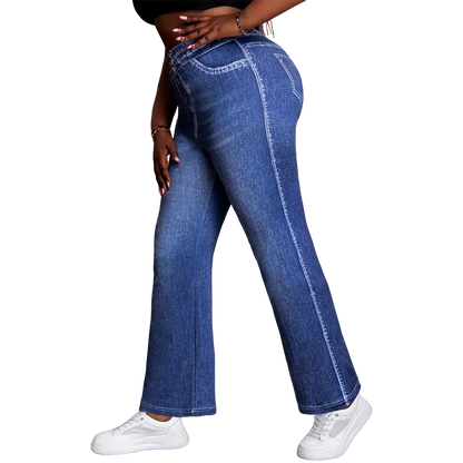 Plus Size Women's Mid-Rise Knit Wide Leg Pants with High Stretch and Stylish Faux Denim Print Comfortable Casual Trousers