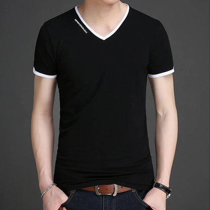 Men's V-Neck T-Shirt - Breathable Polyester Casual Tee, Solid Color Summer Top
