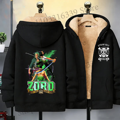 One Piece Man Thick Hooded Jacket Woman Winter Keep Warm Coat Anime Luffy Print Fleece Jacket Thermal Long Sleeve Hooded Clothes