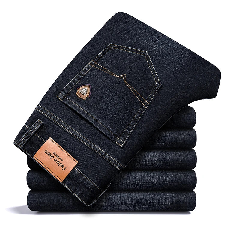 Men's Straight Jeans - Business Casual Stretch Denim Pants With Badge Decoration
