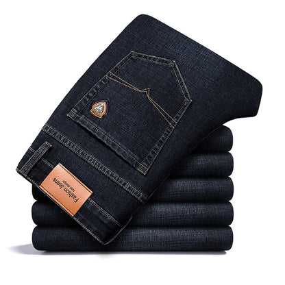 Men's Straight Jeans - Business Casual Stretch Denim Pants With Badge Decoration