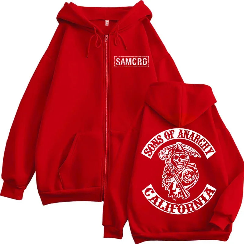 2025 New Sons of Anarchy Double Sided Printed Hoodie Men Women Gothic Retro Zipper Sportswear Casual Street Fashion Pullover