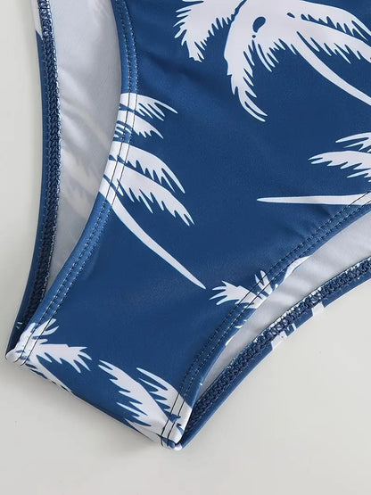 Ladies Split Bikini - Large Size Conservative Swimwear with Coconut Print Straps & Lace Up Top