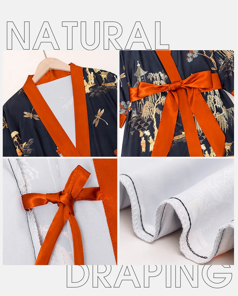 Daiwor Kout Silk Satin Robe for Women Long Japanese Kimono Robe Lightweight Soft Bathrobe Summer Luxury Dressing Gown