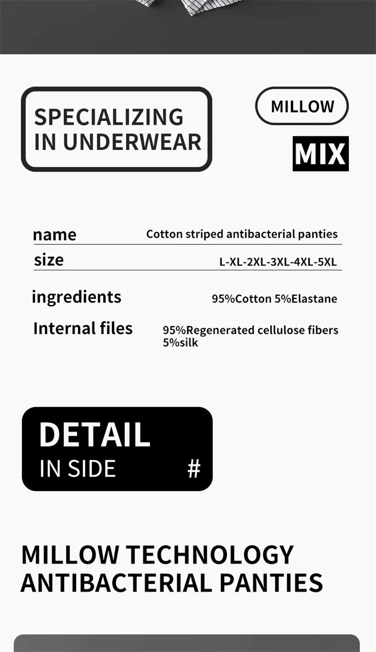 Mens Antibacterial Cotton Boxer Briefs - 3 Pack Striped  Printed Sizes L-5XL