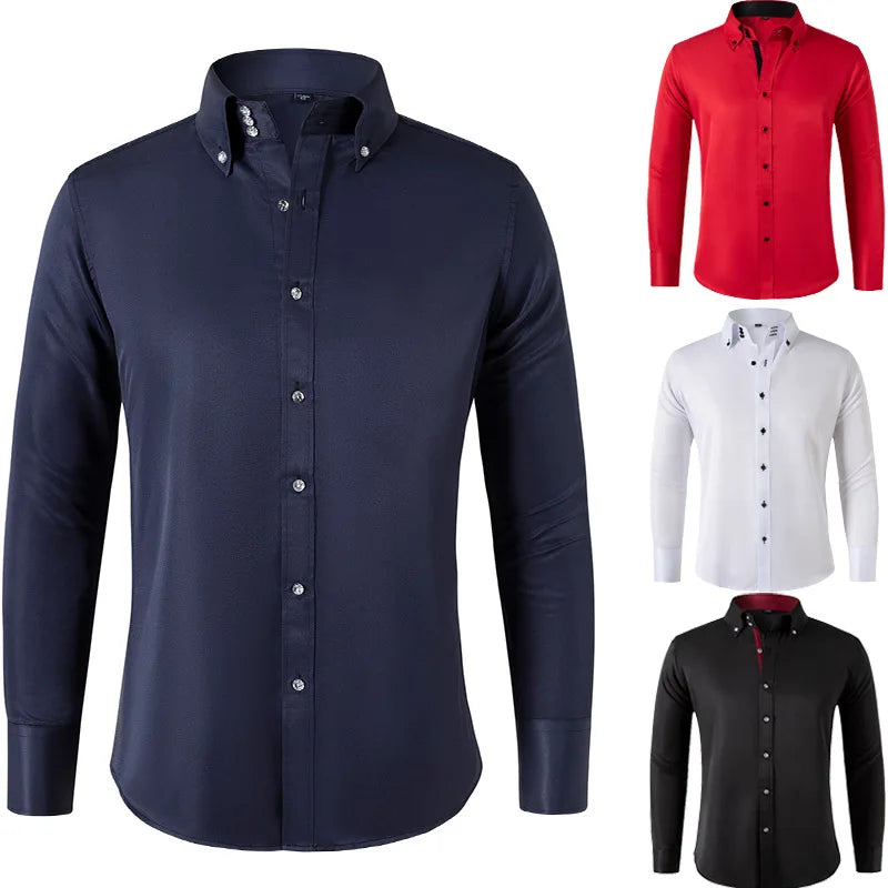 Solid color shirt men's crystal button long sleeved pointed collar light luxury men's business casual men's wear