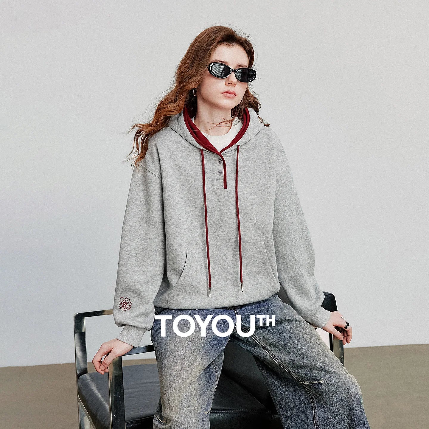 TOYOUTH Women Hoodies Sweatshirt 2025 Autumn New Contrasting Color Embroidery Splicing Hooded Pullover Tops