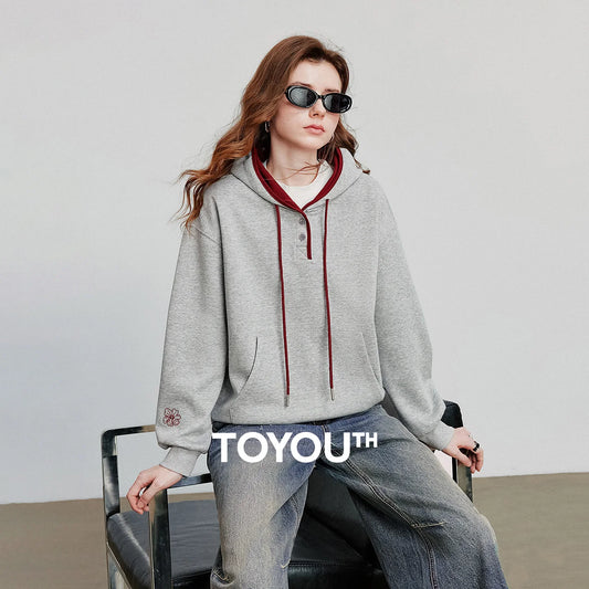 TOYOUTH Women Hoodies Sweatshirt 2025 Autumn New Contrasting Color Embroidery Splicing Hooded Pullover Tops