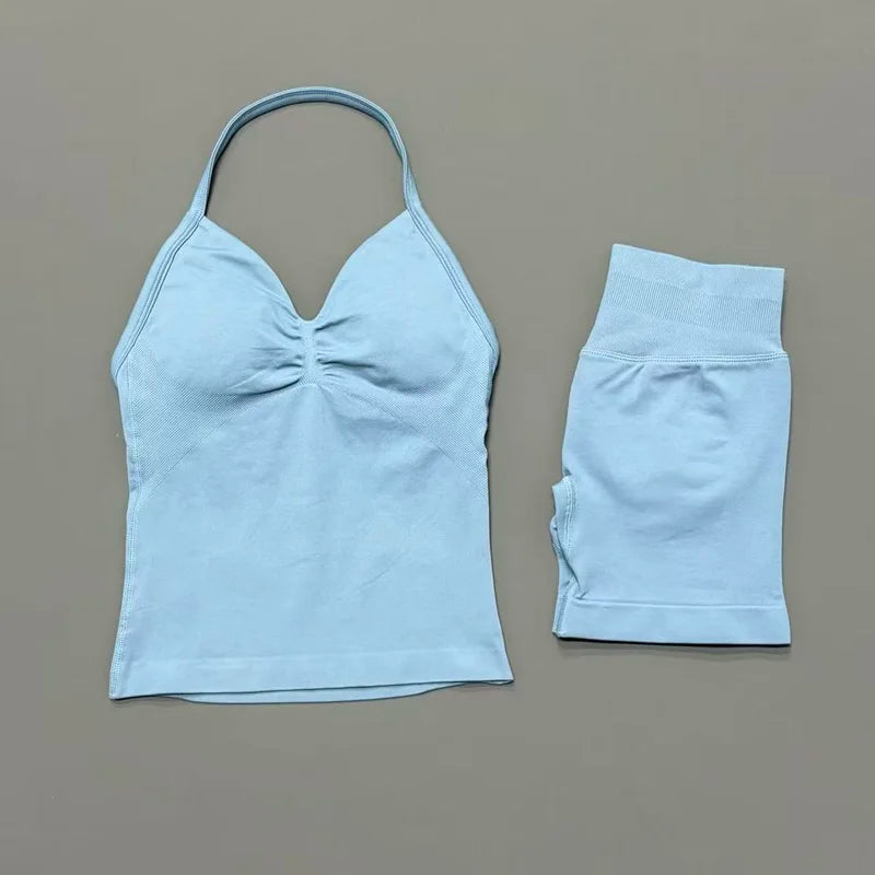 2Pcs HISTELLO Yoga Set Women Halter Tank Top Scrunch Butt Lifting Shorts Ruched Anti Chafe Quick Dry Gym Workout Sports Set