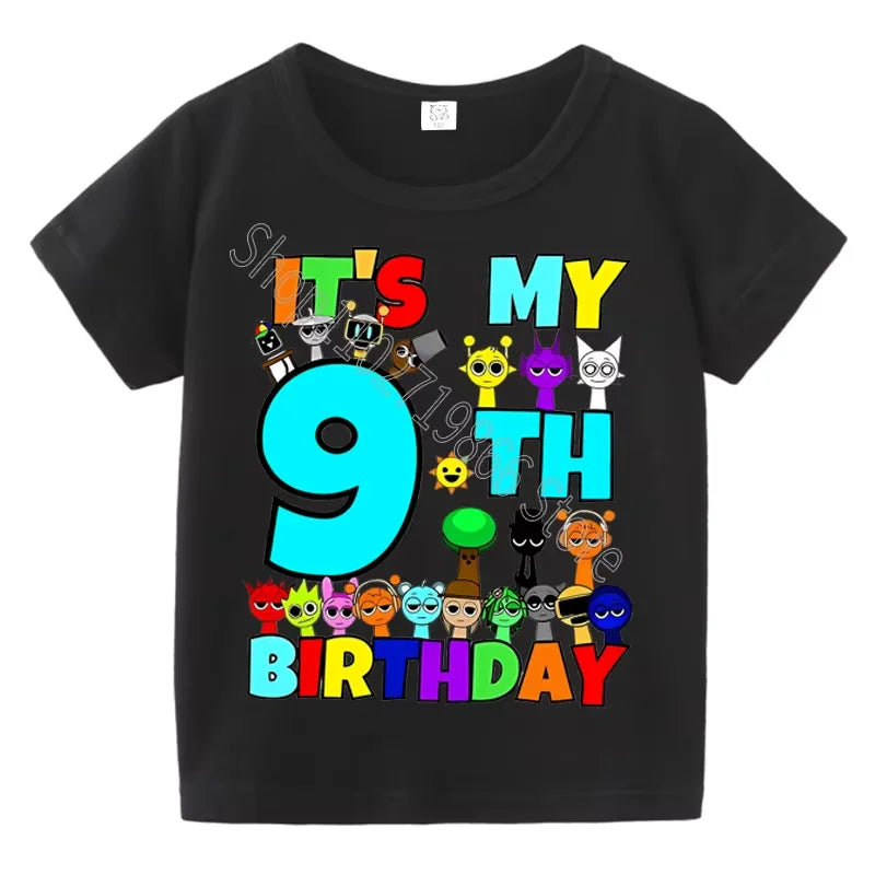 Kids Birthday Cute Cartoon Characters Graphic T-Shirt, Soft Cotton Crew Neck Tee, Casual Party Wear for Boys & Girlsdf0019