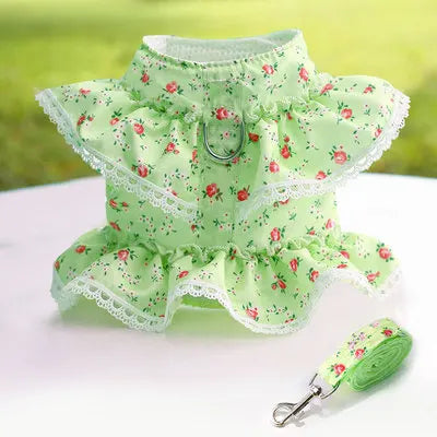 Lace Floral Dog Cat Harness Leash Set For Small Dogs Dress Cute Adjustable Pet Harness Vest Breathable Mesh Running Walking Lead