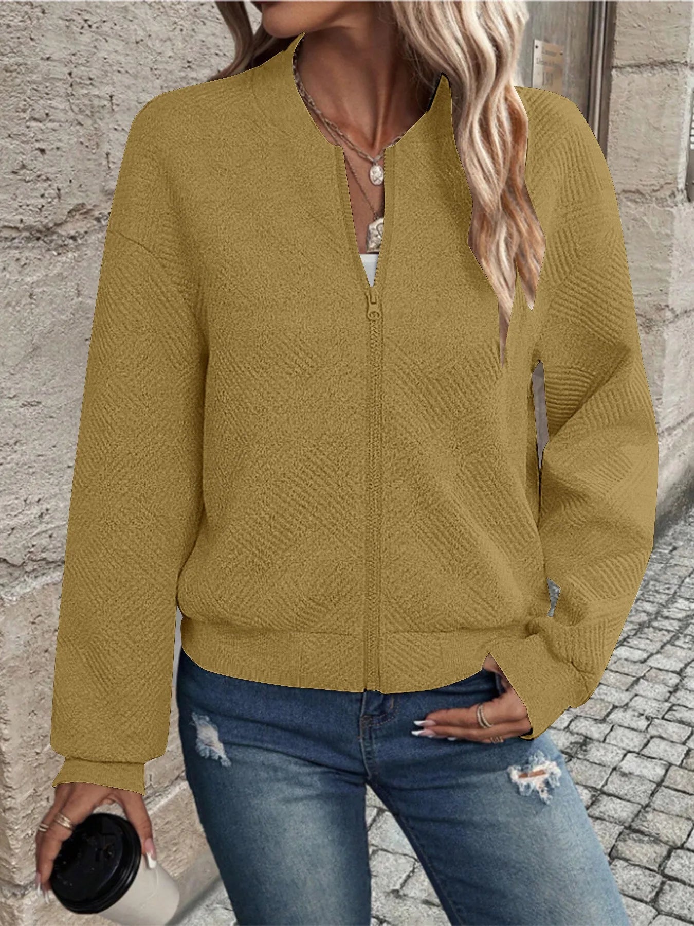 Women's Casual Zipper Jacket - Polyester Spandex Knit Fabric Spring Autumn Coat