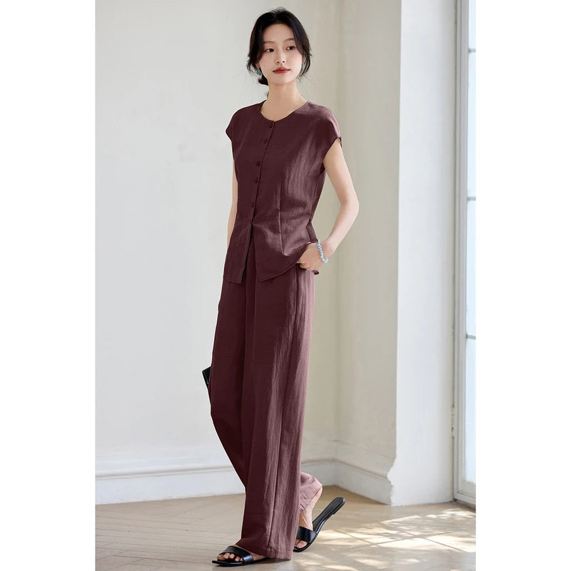 SENTUBILA Women's Linen Trouser Suit Summer Two Pieces Matching Set Women Button Shirt Straight Pant Sets 2026 Outfits 152ZA0094