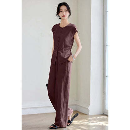 SENTUBILA Women's Linen Trouser Suit Summer Two Pieces Matching Set Women Button Shirt Straight Pant Sets 2026 Outfits 152ZA0094
