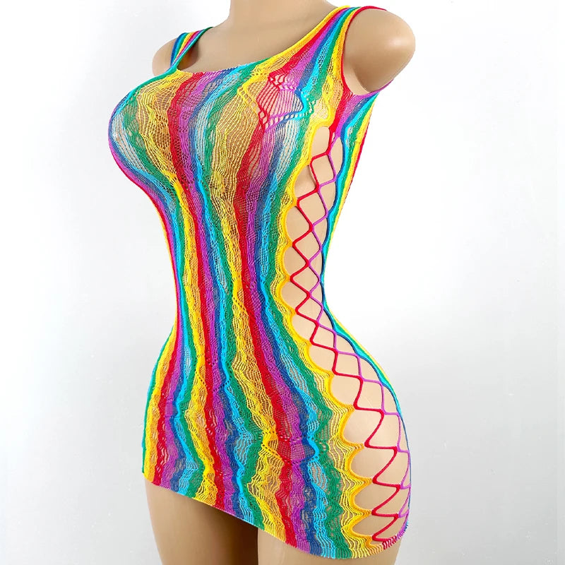 Women Rainbow Fishnet Cover Up Dress Sexy See Through Hollow Out Elastic Swimwear Beachwear Summer for Music Festival Vacation