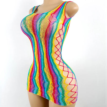 Women Rainbow Fishnet Cover Up Dress Sexy See Through Hollow Out Elastic Swimwear Beachwear Summer for Music Festival Vacation