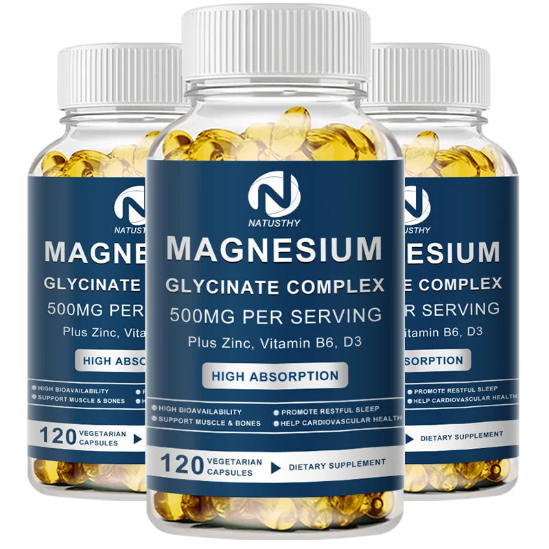 Magnesium Glycinate Supplement 500mg & Zinc, Vitamin D3 B6 High Absorption Support for Women & Men Mineral Vegan Capsules