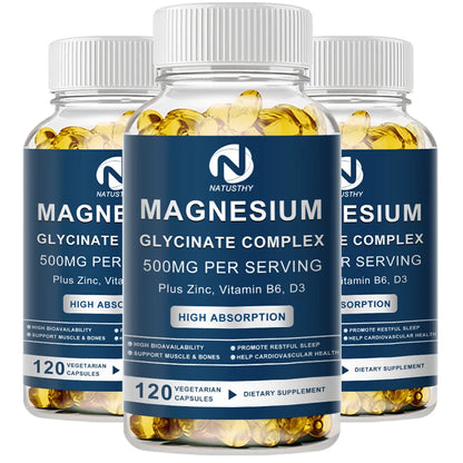 Magnesium Glycinate Supplement 500mg & Zinc, Vitamin D3 B6 High Absorption Support for Women & Men Mineral Vegan Capsules