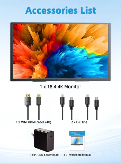 18.4 Inch Portable Monitor – 4K QLED Gaming Display With USB C, HDMI, Adjustable Stand