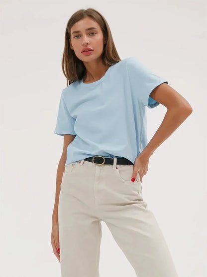 Wolfeel Summer 100% Cotton Women's T-shirt Bottoming Basic Fashionable Solid Lady Short Sleeve Loose Tops Shirts 230g/㎡ Tops