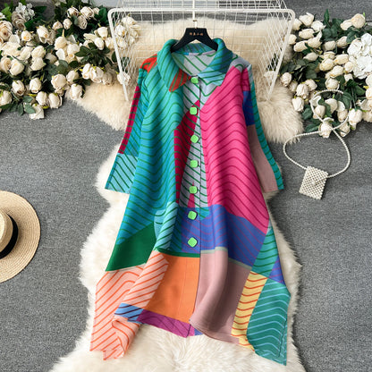 Miyake Pleated Drape Dress Women 2024 Spring Summer Colorblock Printing Lapel 3/4 Sleeve Single-breasted Fashion Shirt Dresses