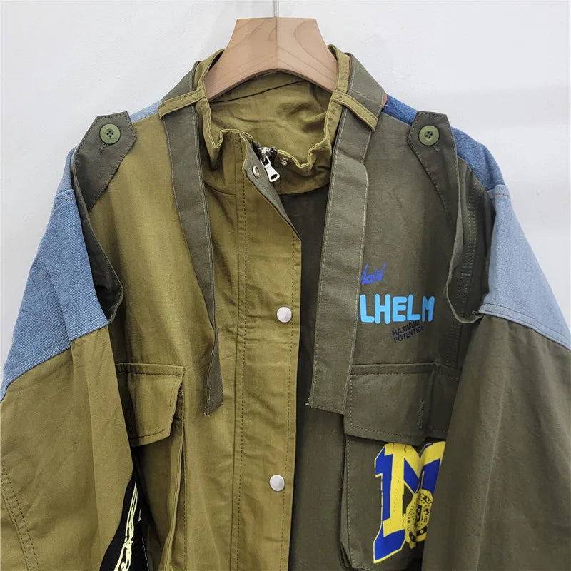 FAGADOER Retro Letter Printing Jacket Women Streetwear Green Cargo Pocket Denim Patchwork Fashion Coat Female Clothing 2025 New