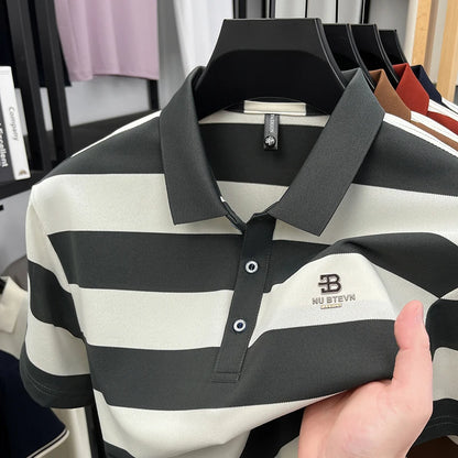 Men's Golf Polo Shirt with Collar, Short Sleeves and Wide Stripes – Breathable Summer Casual Business T-shirt
