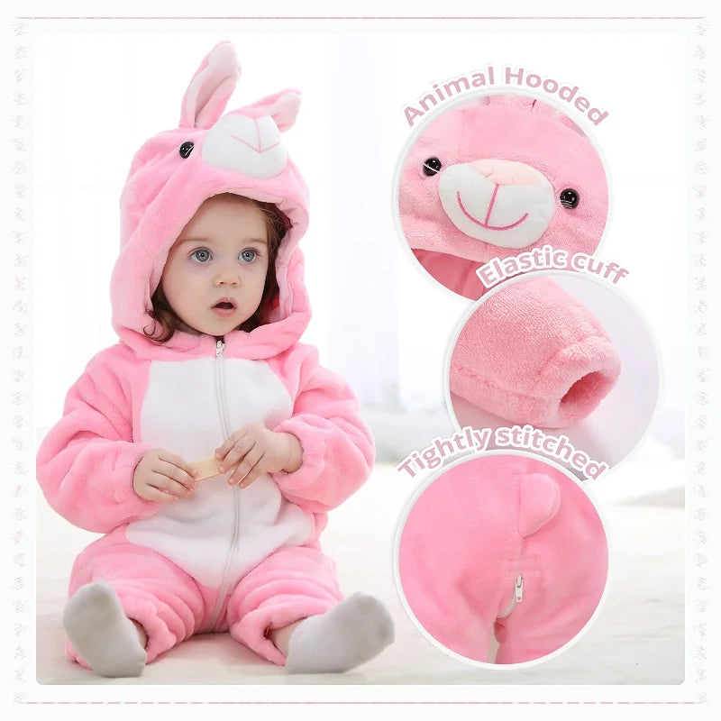 Baby Winter Rompers - Soft Polyester Hooded Jumpsuit With Animal Pattern, Machine Washable