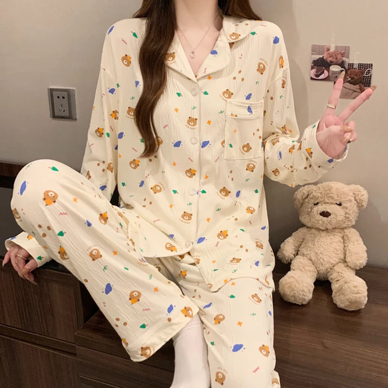 Pink Bow Dtie Pajama Set - Womens Long Sleeve Top  Elastic Waist Pants Harajuku Style Home Wear - ZOOMNSTORE
