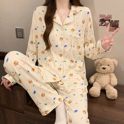 Pink Bow Dtie Pajama Set - Womens Long Sleeve Top  Elastic Waist Pants Harajuku Style Home Wear - ZOOMNSTORE