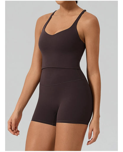 Hearuisavy Sports Tank Top Fitness Set 2Pcs Women Cross-Back Quick Dry Workout Vest Breathable High Waisted Tight Yoga Shorts