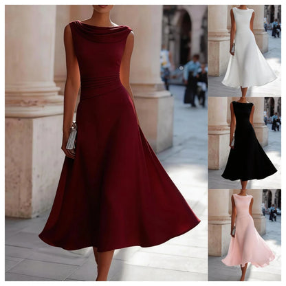 Women's Sleeveless Cowl Neck A Line Chiffon Midi Dress for Cocktail Party and Wedding Guest