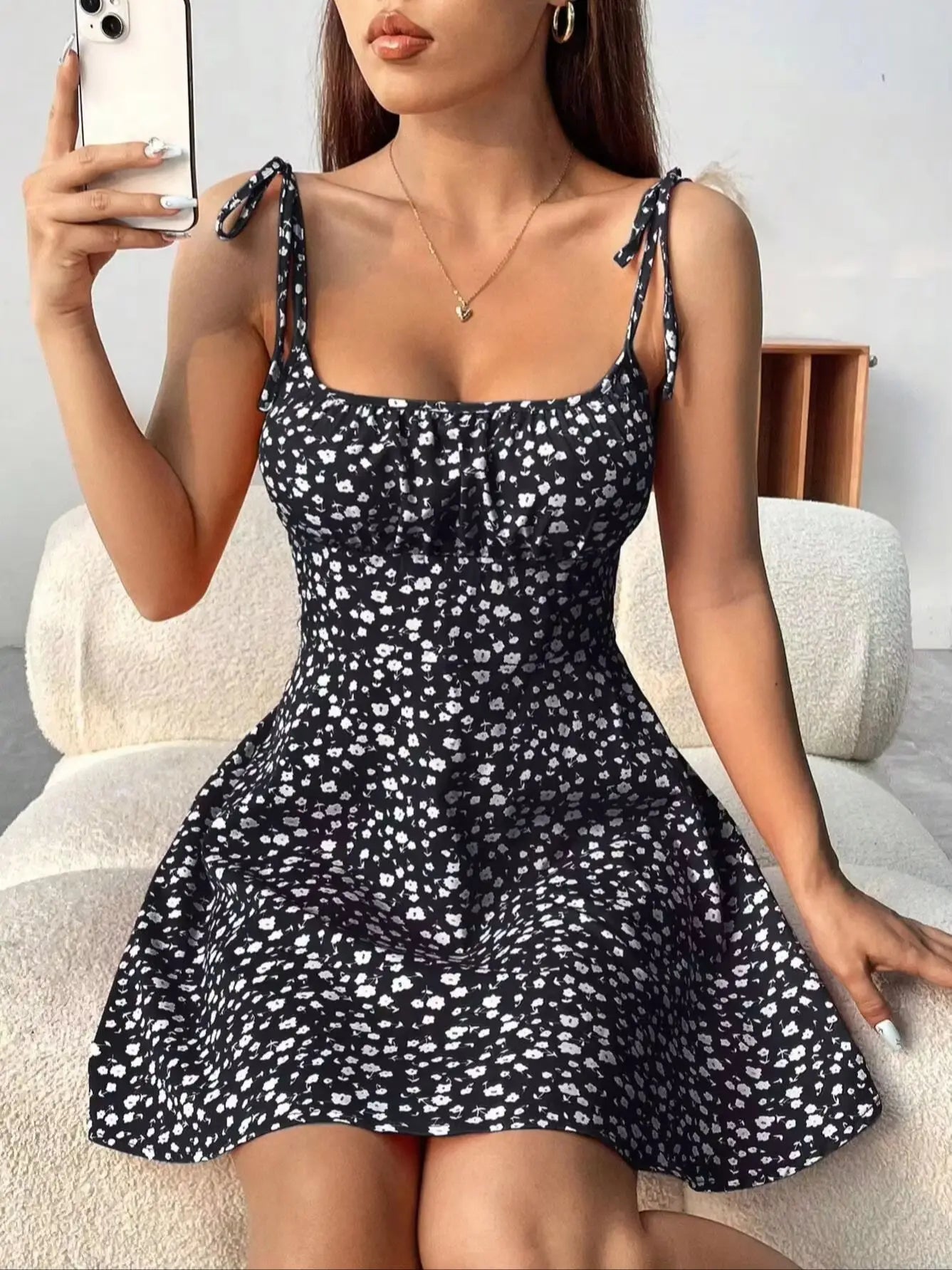 Ladies Spring Summer Elegant Casual Y2K Sexy Floral Print Invisible Zipper A-Line Mini Dress Women's Fashion Retro Skirt