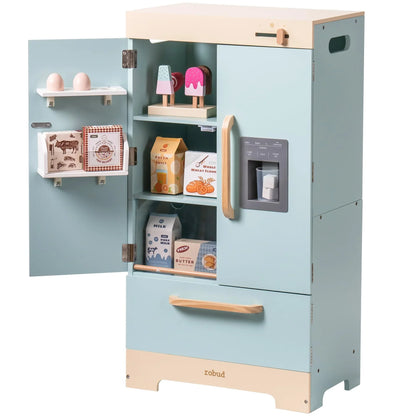 Robotime Robud Play Kitchen Fridge Refrigerator with Ice Dispenser Wooden Kids Play Kitchen Playset Toy for Ages 3+Blue