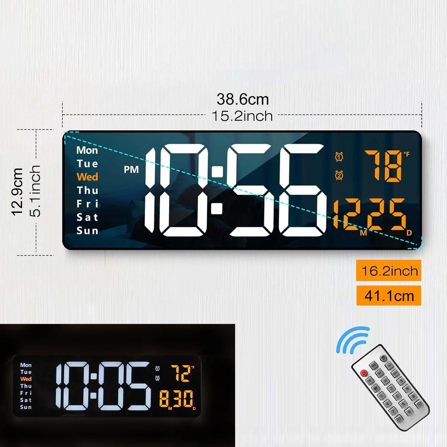 Large Digital Wall Clock - 162 LED with Remote Dual Alarm  RGB Colors