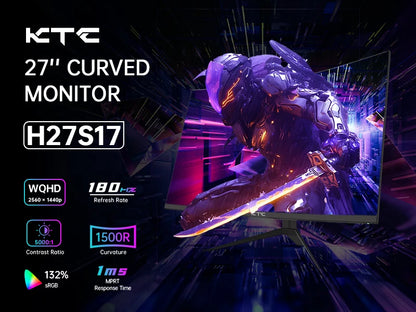27 Inch Curved Monitor - WQHD 1440P Gaming Display 180Hz 1ms Response HDR10 FreeSync