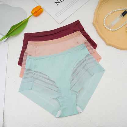High-Waisted Mesh Ice Silk Triangle Pants Large Size Breathable Sexy Striped Seamless Underwear