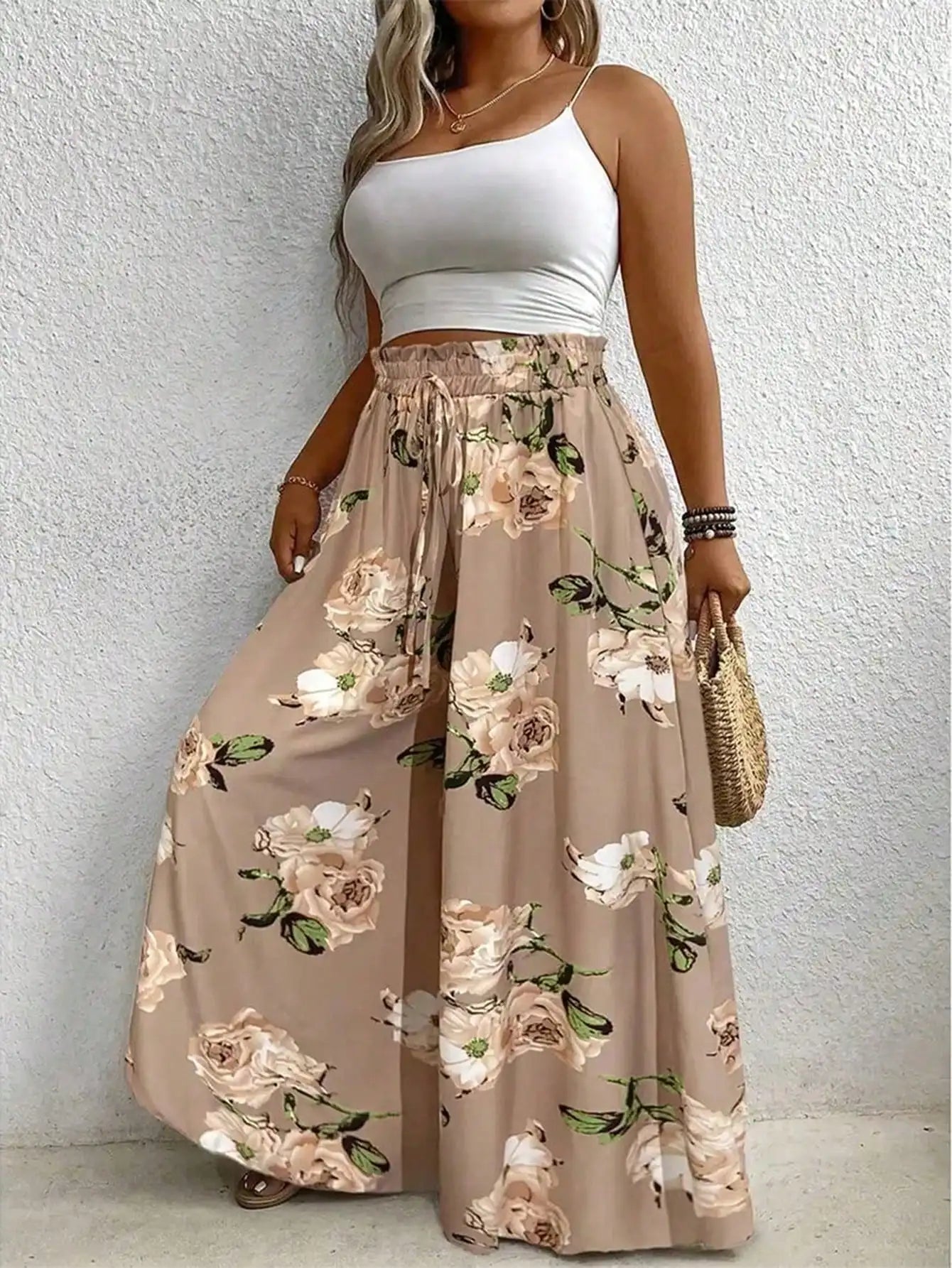 Elegant plus Size Printed Wide Leg Pants for Women Loose Fit Imitation Drawstring Waist Belt Non-Elastic Fabric