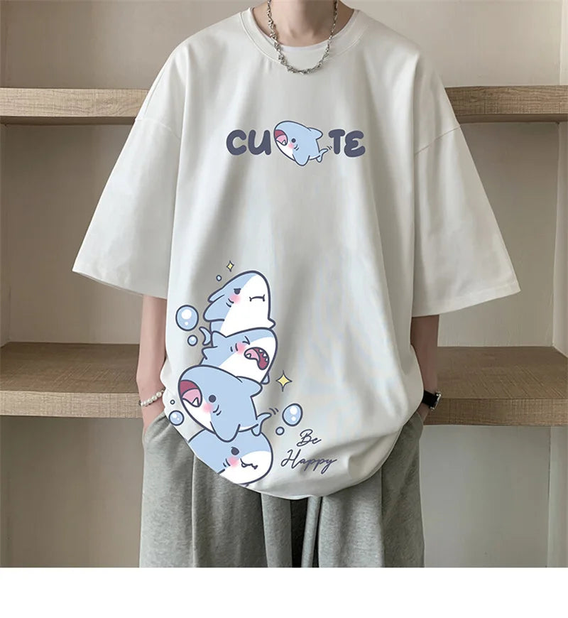 Men's Cotton T-shirts White Men Oversized T Shirt Anime Shark Print Summer Casual Wear 5XL Tee Shirts Big Size Male Clothes