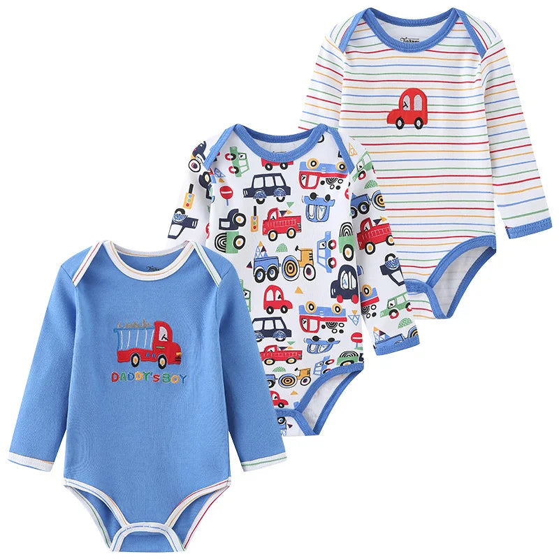Baby Bodysuit Cotton - Newborn Onesies 3 Pcs Long Sleeve Soft Infant Bodysuits