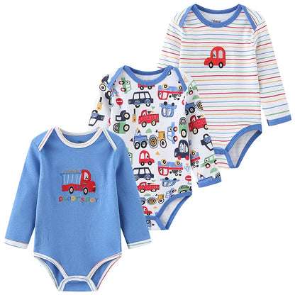 Baby Bodysuit Cotton - Newborn Onesies 3 Pcs Long Sleeve Soft Infant Bodysuits