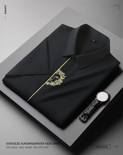 Upto 10XL Size Short Sleeve Embroidered Shirt Men's Casual Loose Oversized Black and White Short Sleeve Shirt Summer
