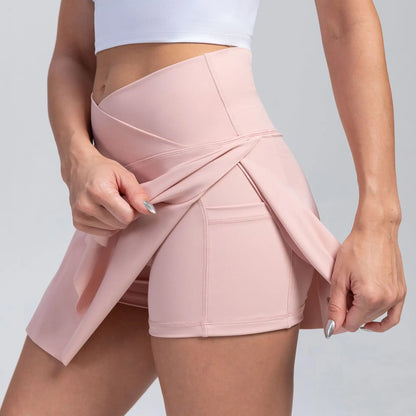Women Pleated Tennis Skirt with Pockets Shorts Athletic Skirts Crossover High Waisted Athletic Golf Skorts Workout Sports Skirts