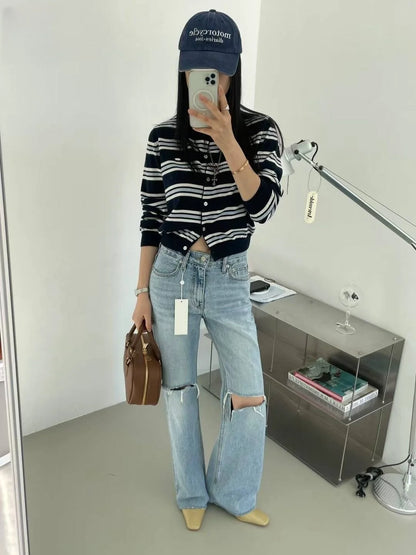 Spring New Classic Striped round Neck Button up Soft Knitted Open Cardigan Fashionable Design Sensation Women's Sweater
