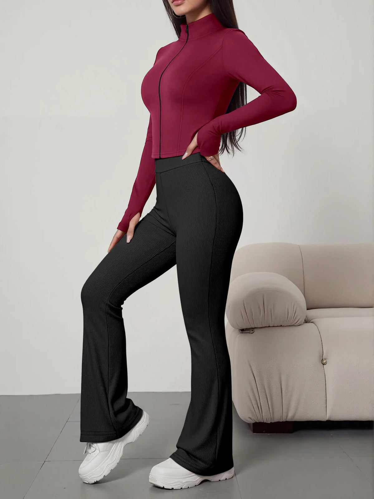 European American Women Ribbed Knit Two Piece Set, Long Sleeve Zip Top With High Waist Flare Pants, Casual Slim Daily Outfit