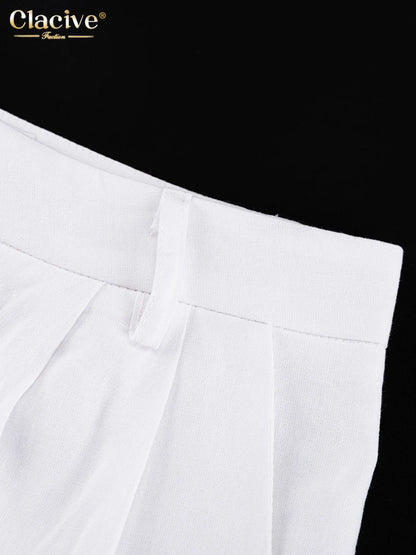 Clacive Summer White Linen Two Piece Set For Women 2023 Fashion Sleeveless Tank Top New In Matching High Waist Wide Pants Set