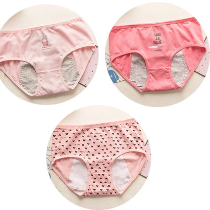 3PCS Cute Cartoon Period Underwear for Girls  Leakproof Teen Menstrual Panties 4-Layer Absorbent Reusable Washable Underwear