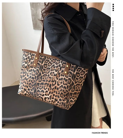 Leopard Print Tote Bag - Women's PU Leather Large Capacity Casual Travel Purse